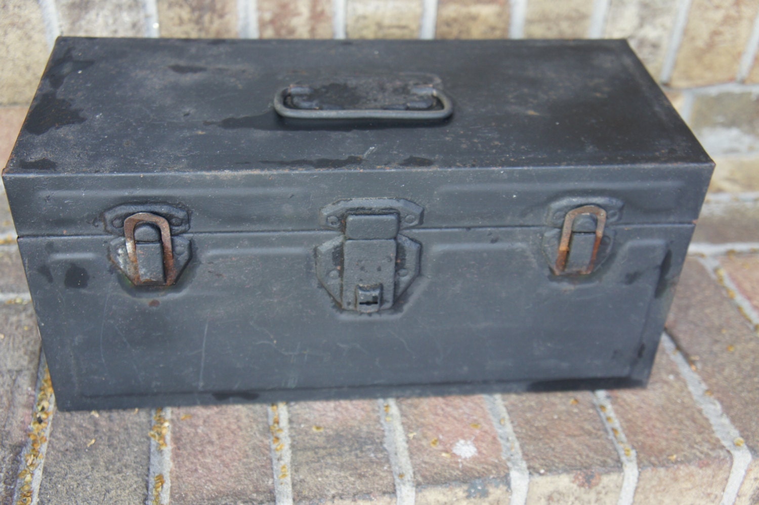 Vintage Metal Industrial Toolbox - Charcoal Gray and Green Inside - Shabby - Rusty Chippy