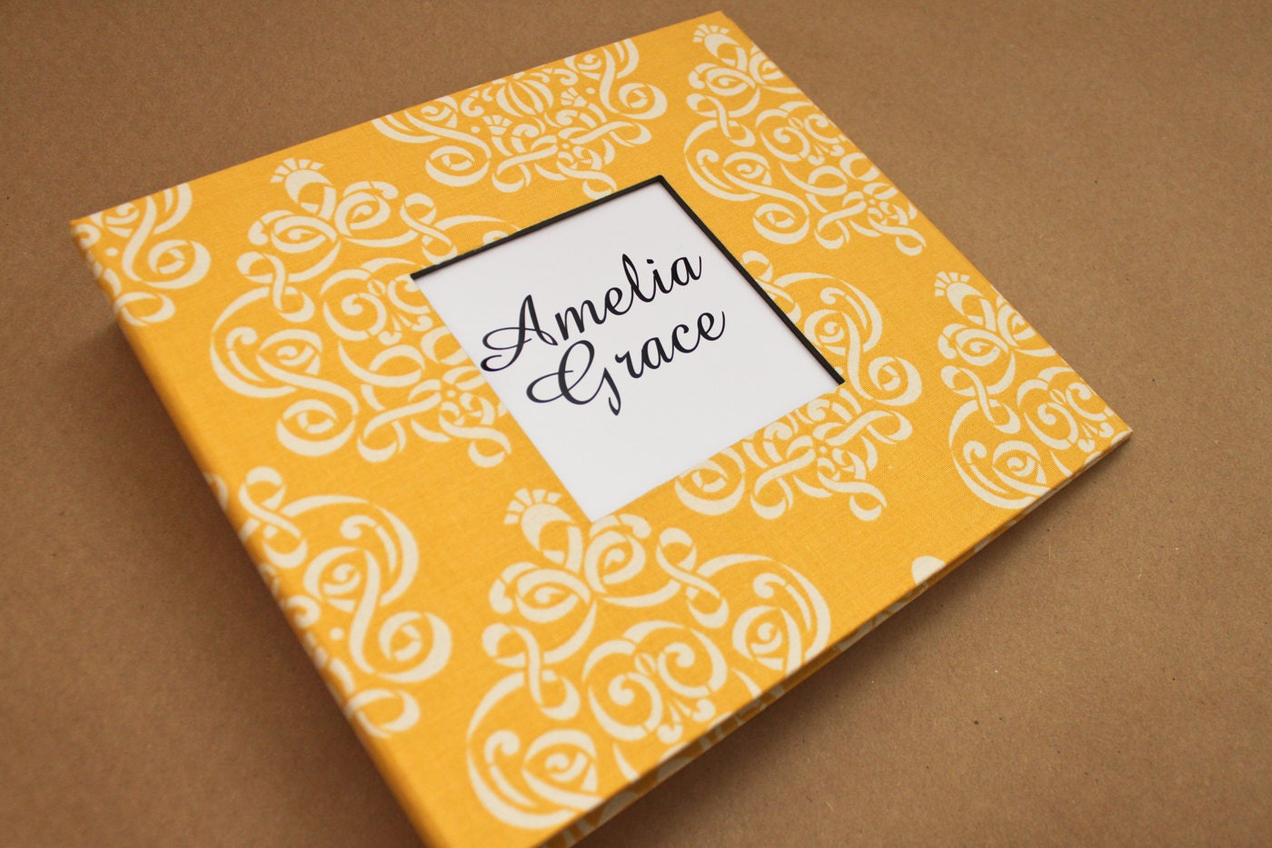 Baby  Book - Yellow Damask  (78 designed journaling pages & personalization included with every album)
