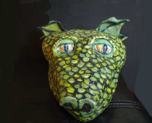 Green Dragon dinosaur box Paper Mache art stash secret compartment Surreal Fantasy sculpture