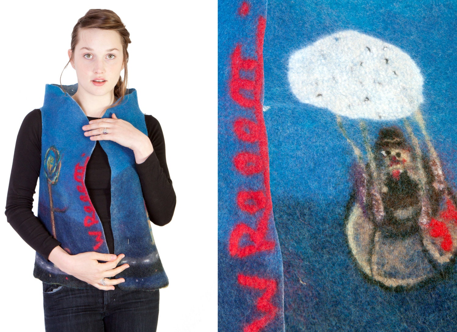 Reversible merino wool  women vest -  hand felted silk and fiber painting - convertible bolero or wrap - SizeS to M