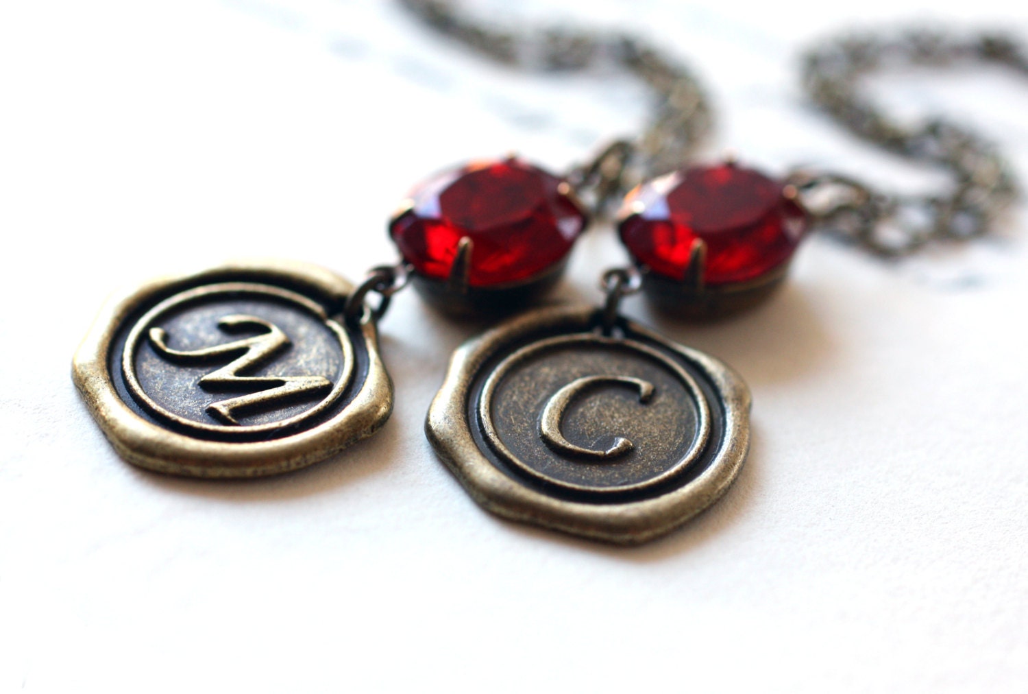 Initial Necklace. Wax Seal Personalized Necklace. Monogram Necklace with Ruby Red Vintage Jewel. Custom Initial Necklace