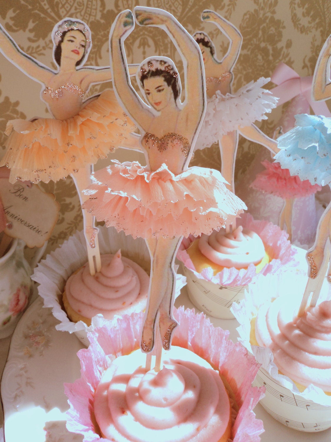 Darling Dancers. Twelve Vintage Style Ballerina Doll Toppers with Ruffled Tutus