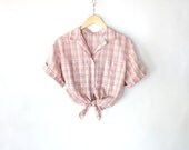Vintage 50s Pink Colorful Plaid Cotton Blouse // Women's Summer Button Up Shirt