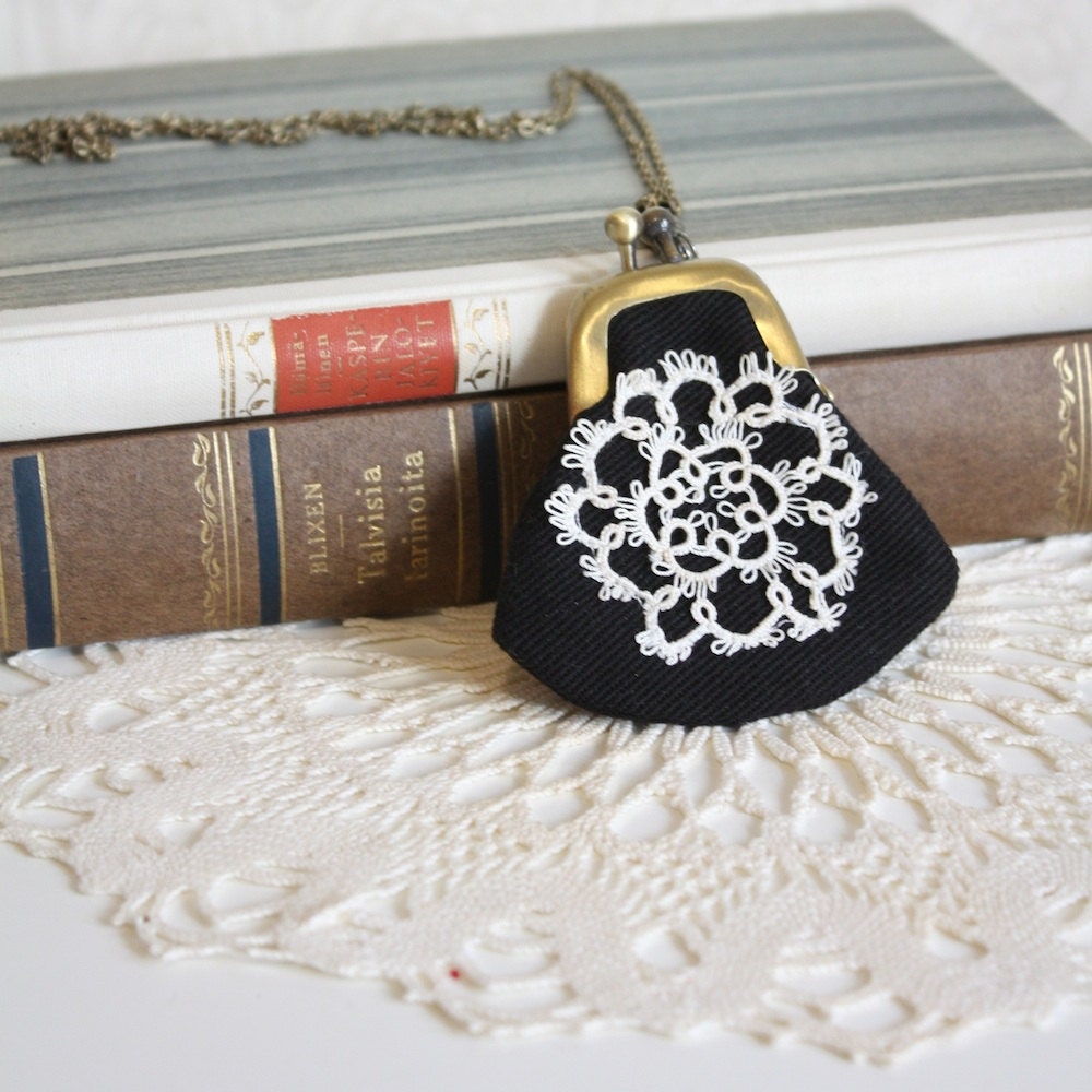coin purse necklace, black with vintage lace