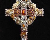 Vintage Jewelry Catholic Cross Collage Sculpture Decorative Art Camellia