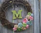 Mongrammed Wreath with Rosettes, Red, lemon yellow, spring green and burlap