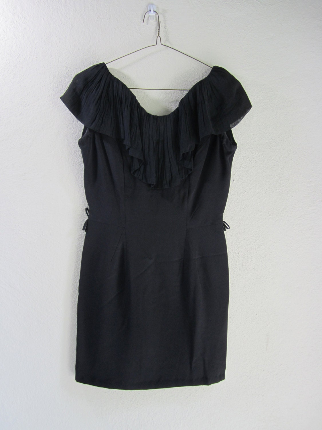 SALE Black Chiffon Party Dress with Ruffle Collar Wiggle Dress