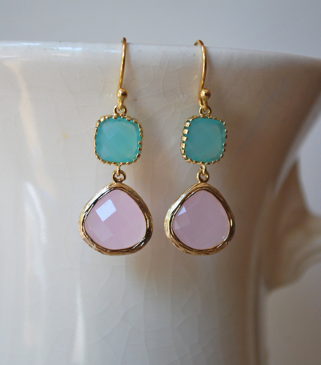 Soft Pink and Aqua Blue earrings. Colorblock Earrings. Bridesmaid Earrings. Wedding Earrings.