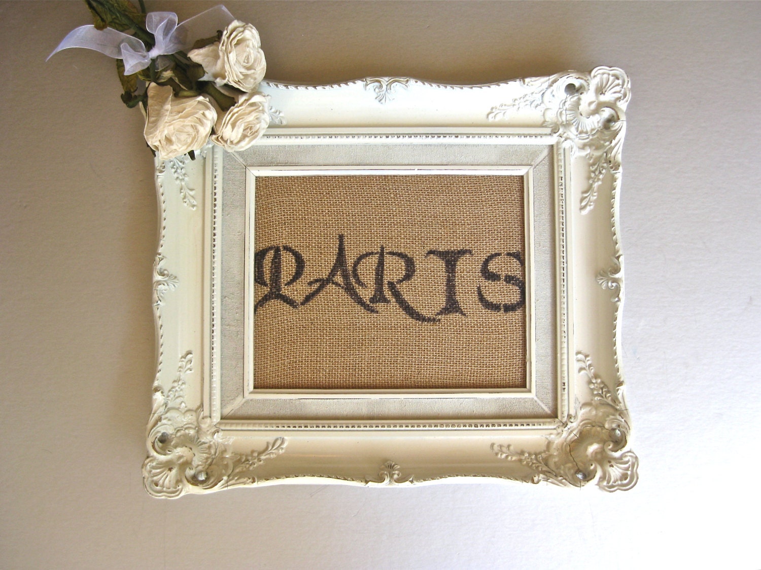 Vintage Frame, Paris Art, Wall Art, French, Burlap Art, Ivory, Shabby, Cottage, Farmhouse, Paris Apartment