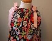 6-12m Pillowcase Dress- 6m Pillowcase Dress- 9m Dress-12m Pillowcase Dress- Mandalay Big Flowers Fabric with Pink Ribbons