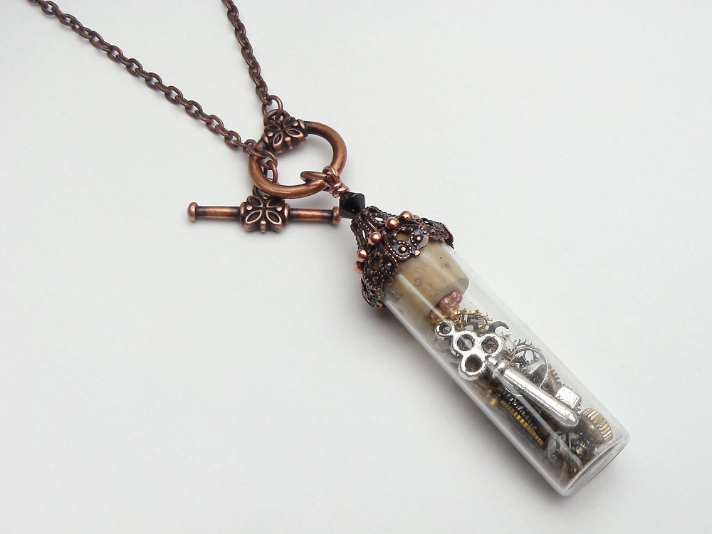 Steampunk Necklace antique watch parts gears key bottle, vintage glass vial, black crystal copper, design by Steampunk Nation R1051