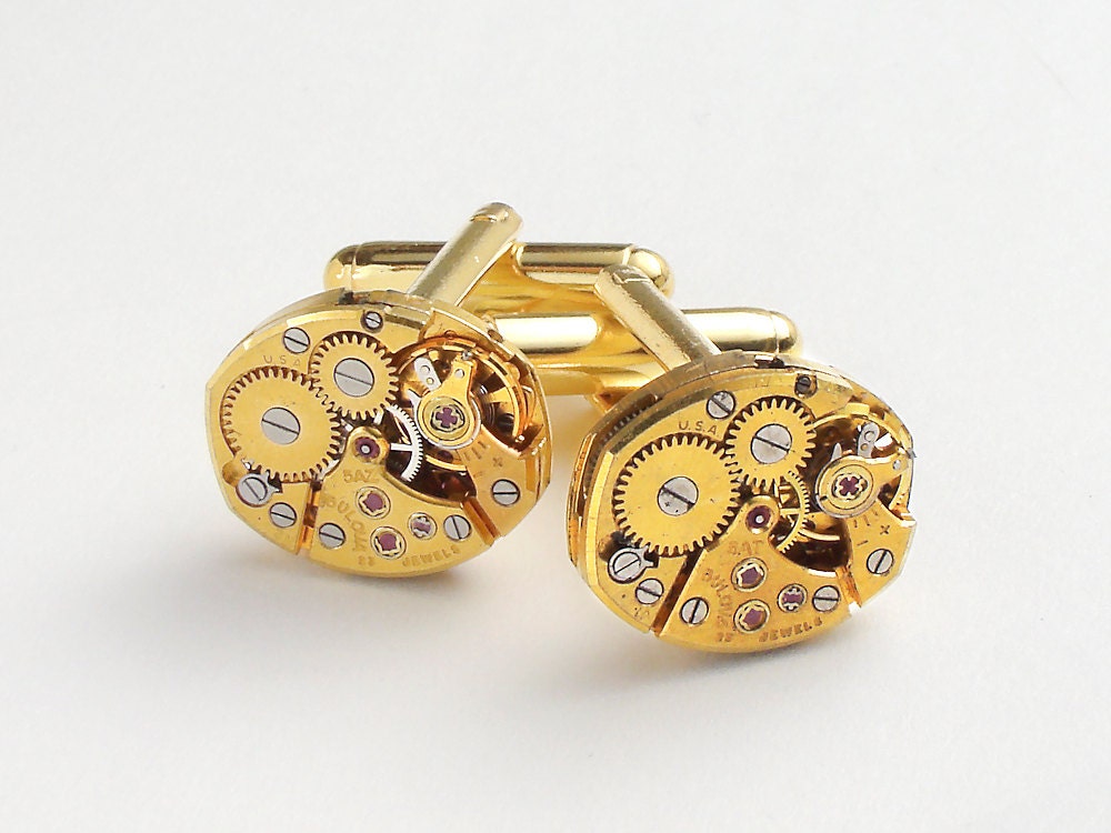 Steampunk cufflinks vintage Bulova watch movements gears wedding anniversary Grooms Gift gold cuff links men jewelry Steampunk Nation 1538