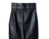 Vintage Lazer Cut Out Leather Skirt High Waist Fitted Black Studs Womens Small