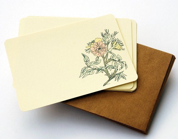 Pastel Flower Notecard Set in Cream, Pink and Green -Set of 6 Flat Notecards with Kraft Envelopes