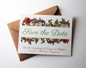 Customizable Wedding Save the Dates, Garden Flowers in Pink, Yellow, Red, and Green