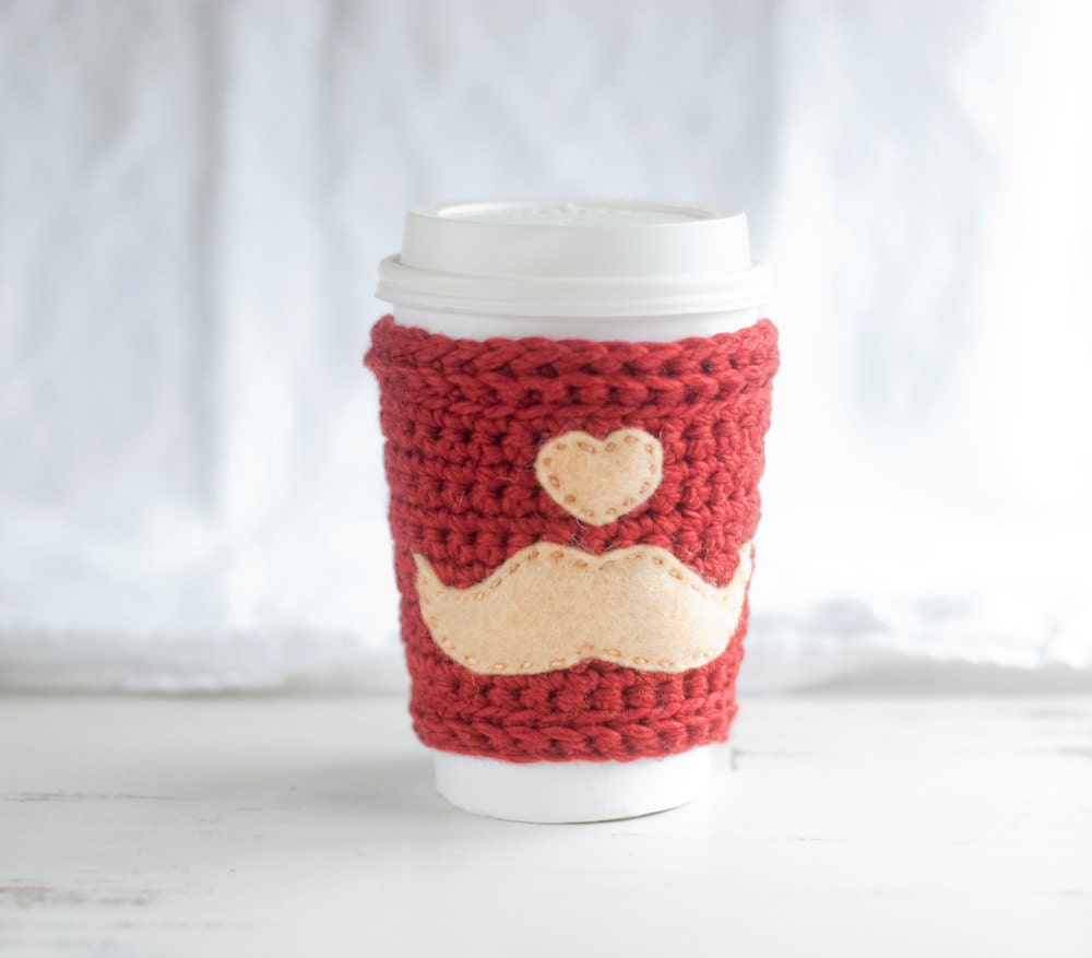 Mustache cup cozy - crochet coffee cozy with a heart