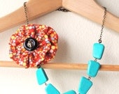 Fabric Flower Necklace, Turquoise Necklace, Retro Polka Dots, Asymmetrical Necklace, Mother's day gift, Birthday graduation gift present