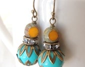 Vintage Style Earrings, Turquoise and Yellow Glass Beads Earrings, Antiqued Brass Filigree Bead Caps, Bridesmaids Earriings, gift