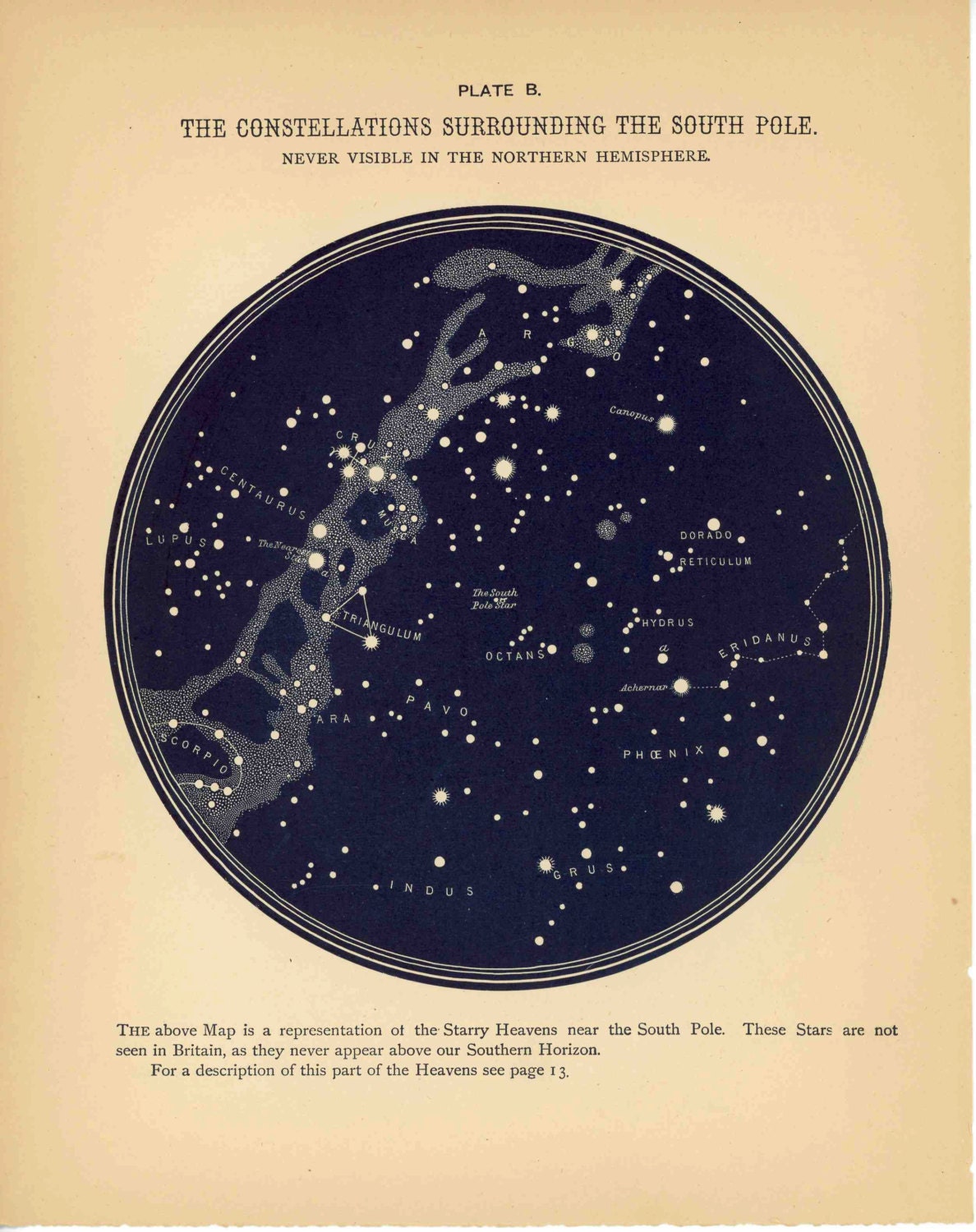 1889 south pole constellations star map original antique celestial astronomy print