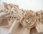 Vintage Beaded Feather Garter with Flower, Crystals, Pearls Satin Bridal Garter, Tulle, champagne, gold, ivory, custom colors wedding garter