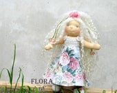 Cloth Doll Flora long stylable teeswater hair, romantic waldorf garden tea party dress gift for moms