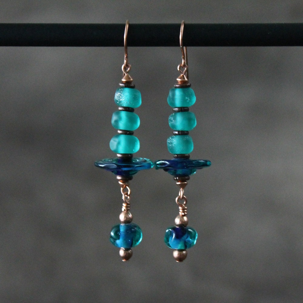 Earrings Blue Art Glass Dangles: "Twilight Twirl"