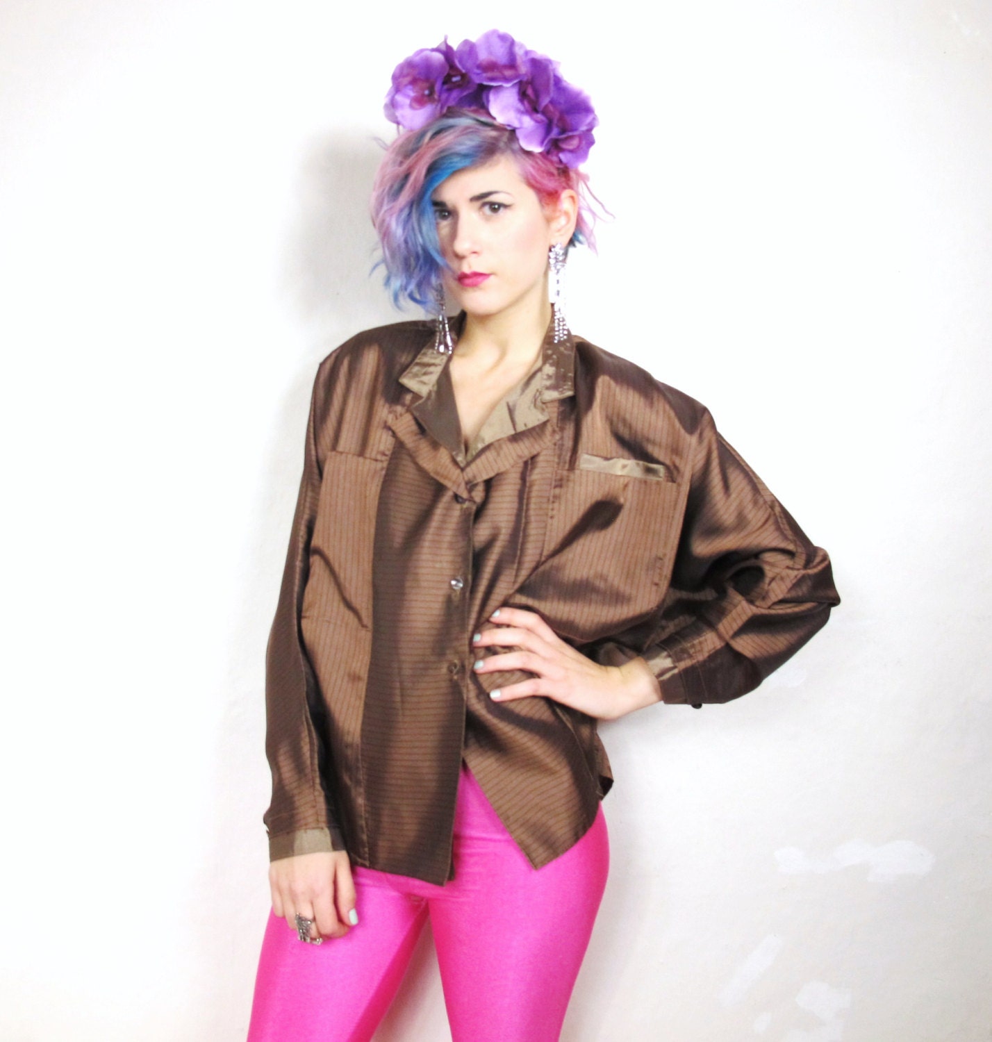 80s Chocolate Pinstripe Double Collared Shirt (L/XL)
