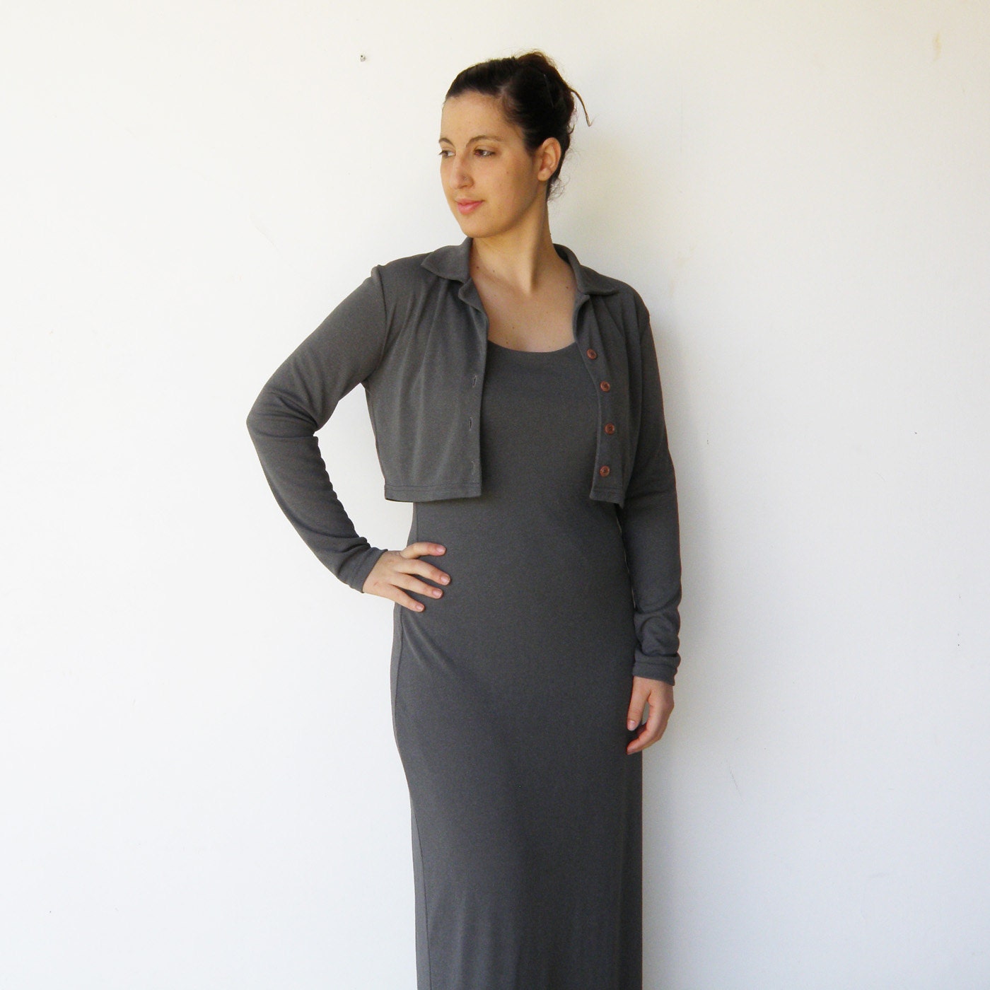 Vintage 1990s Mouse Gray Slinky Maxi Dress and Bolero Set