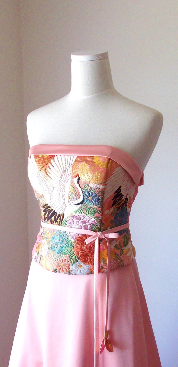 Wedding dress vintage KIMONO top GEISHA pink gold brocade crane flower embroidery OBI bow string spring flower belt A line made to order - Shantique