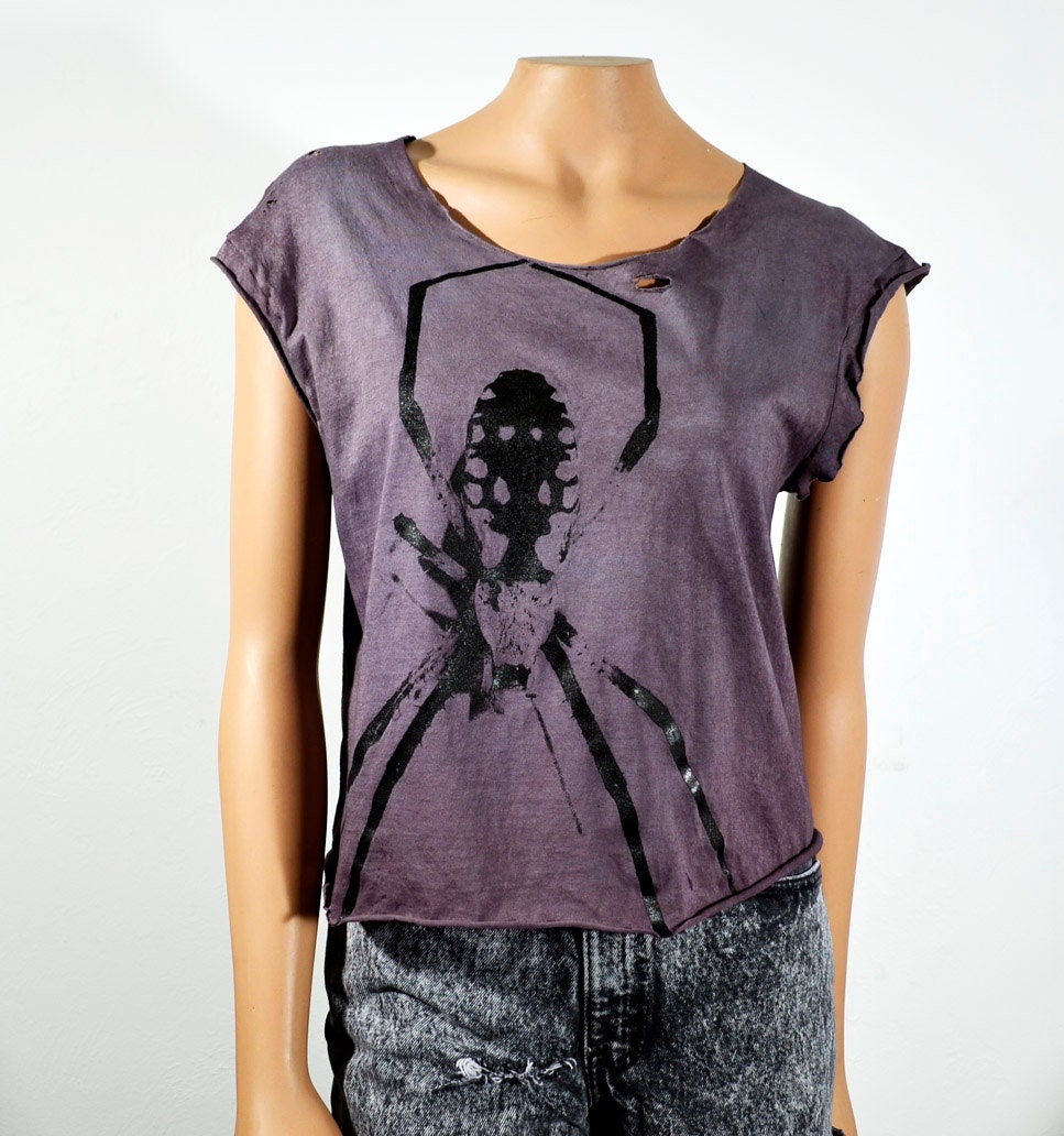 sale Grunge Black Spider Grey Sleveless T Shirt Hand Dyed Bleached Grey Raw Edge Women's Loose Fit Small