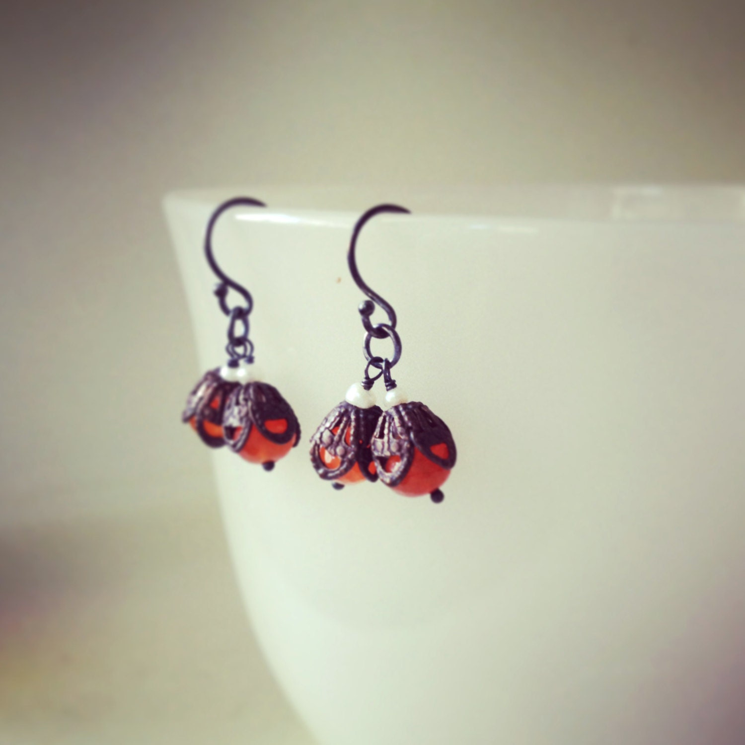 Carnelian orange earrings, Bittersweet flower dangle earrings, Double fob vintage filigree pearl earrings, Tangerine tango Orange Littles