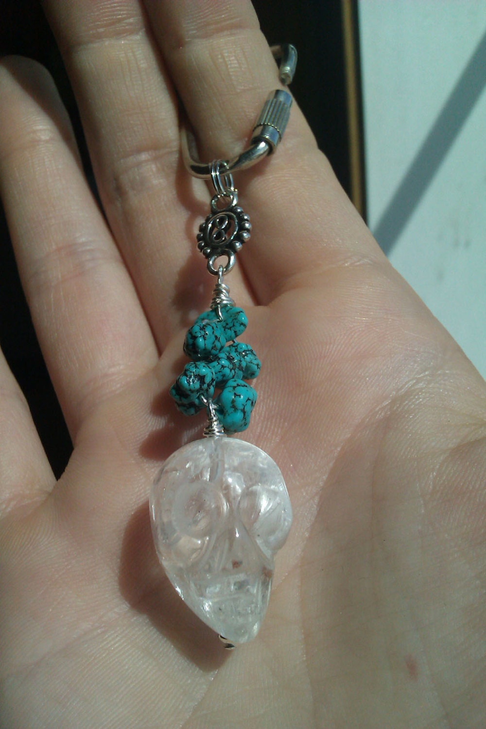 Quartz Crystal Skull with Fox Turquoise - Sterling Silver - Reiki Charged Accessory