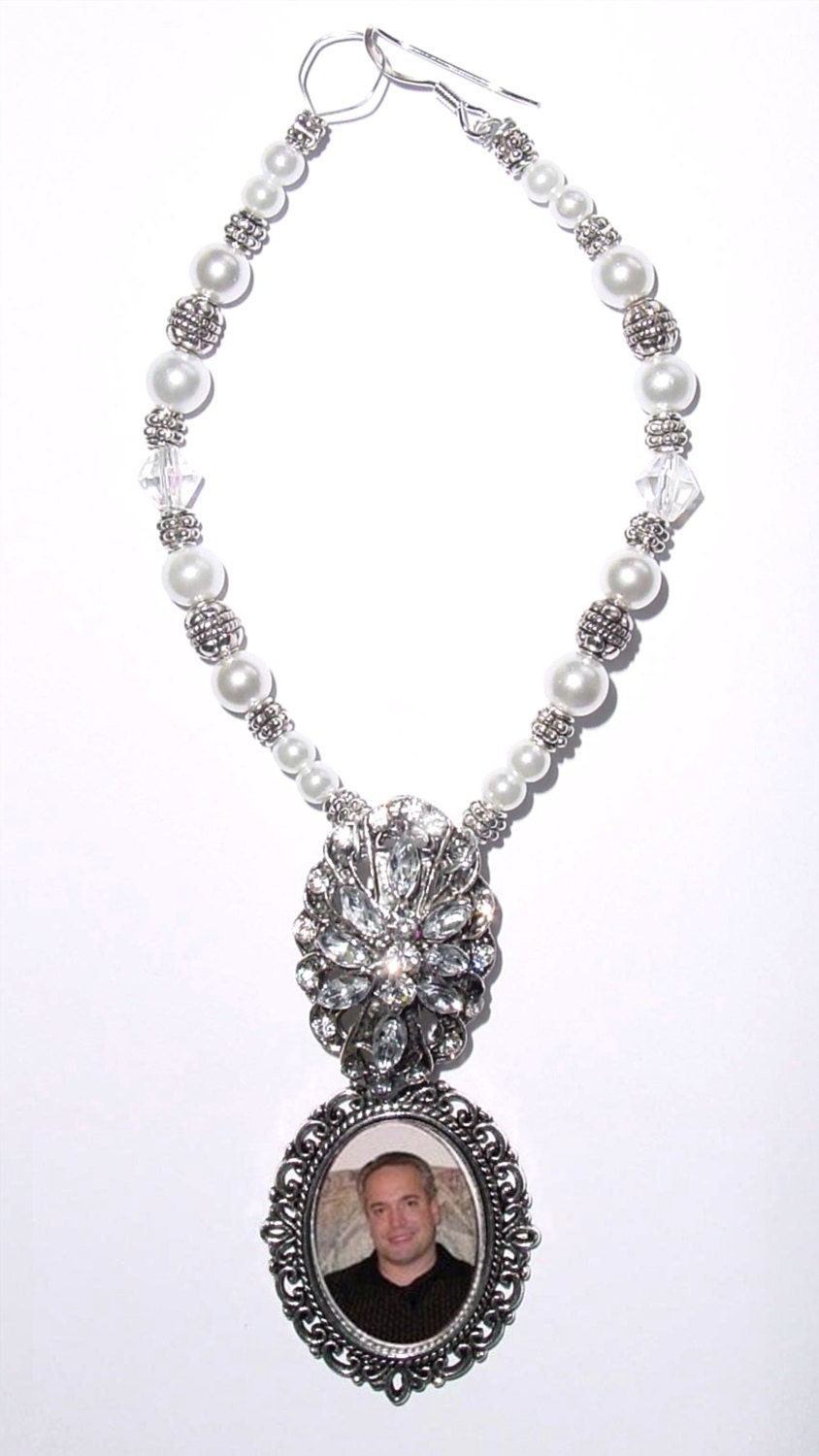 Wedding Bouquet Memorial Photo Charm Crystal Gems Pearls Silver Tibetan Beads - FREE SHIPPING