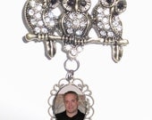 Memorial Photo Brooch Bronze Owls Branch Crystal Gems - FREE SHIPPING