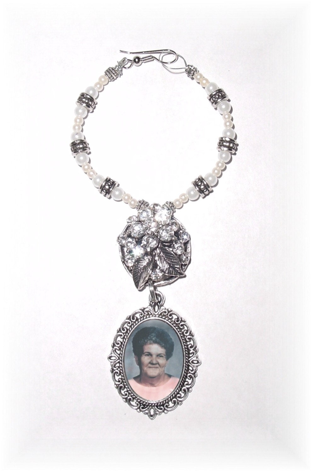 Wedding Bouquet Memorial Photo Oval Antiqued Metal Charm Crystal Gems Pearls Flowers Silver Diamond Tibetan Beads - FREE SHIPPING