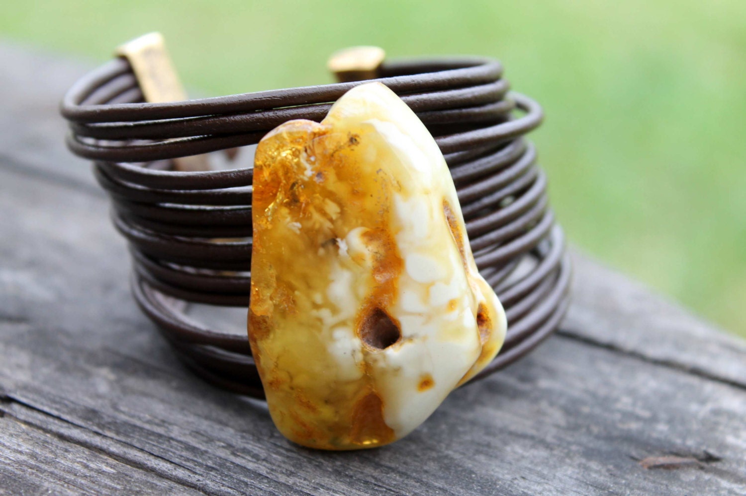 Raw Stone Leather Cuff Bracelet Primitive White Baltic Amber Multistrand Huge Large Rough Stone Rustic Jewelry Natural Fashion Summer OOAK