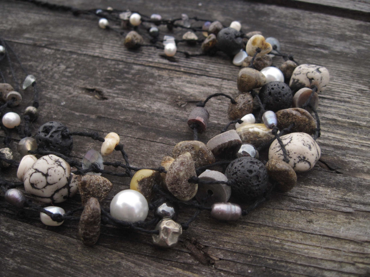 Black and White Organic Necklace Raw Gemstone Beaded Nature Jewelry Earthy Lava Stone Rock Amber Pearl Crystal Eco Friendly Linen Yin Yang