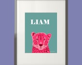 Personalized Cheetah Art Print in blue, green, or orange - 8 x 10 or 5 x 7