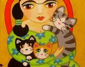 FRIDA Kahlo & 3 CATS Art PRINT from Original Painting by Jill