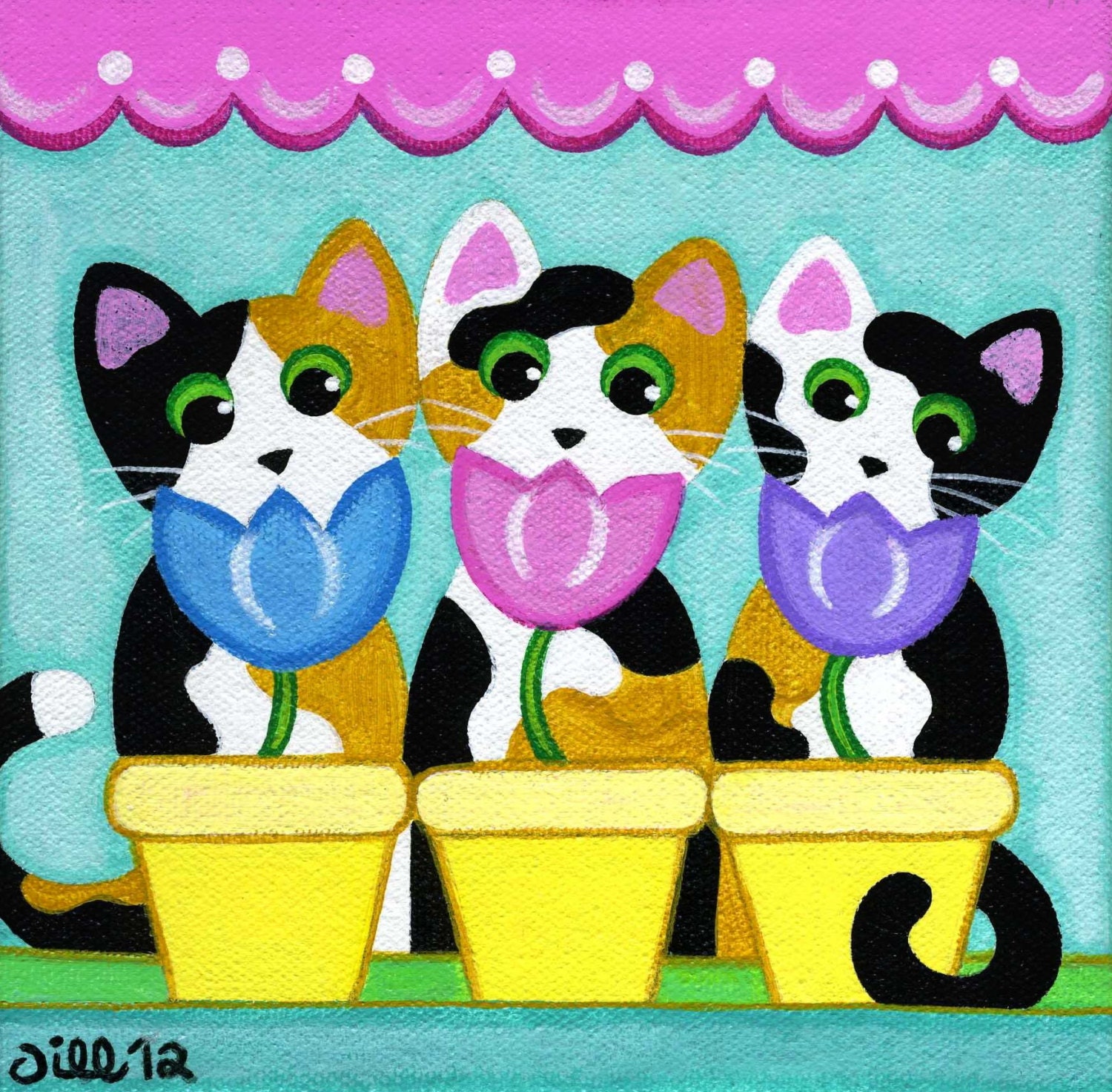 Original Canvas PAINTING - 3 Calico CATS & TULIPS 6x6 by Jill