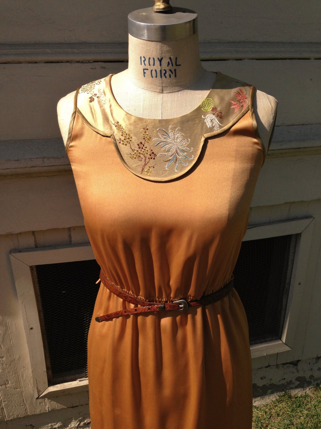 60s does 20s GOLD satin gown DRESS asian embroidery & JACKET kimono