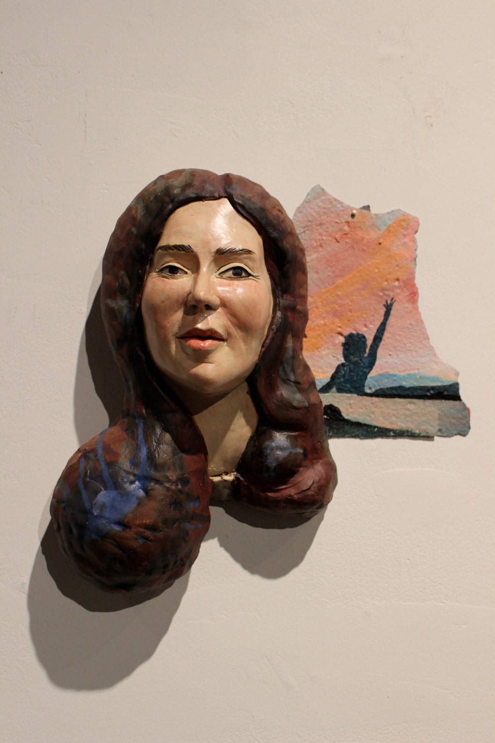 Ceramic Wall Sculpture, Becoming, Mixed Media Assemblage with Original Painting, Anthropomorphic Landscape at Sunset, Figure Art Head