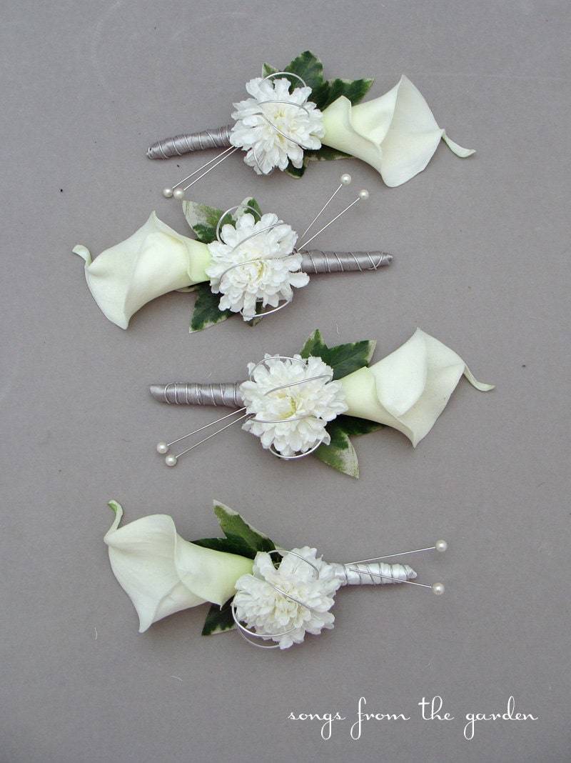 Real Touch Calla Lily Silk Mum Boutonnieres Groom Groomsmen Wedding Flower Package Silver Wire Grey Ribbon - Customize for Your Colors