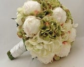 Bridal Bouquet White Silk Peonies Silk Hydrangea Green and White Groom's Boutonniere - Silk Flower Bridal Bouquet