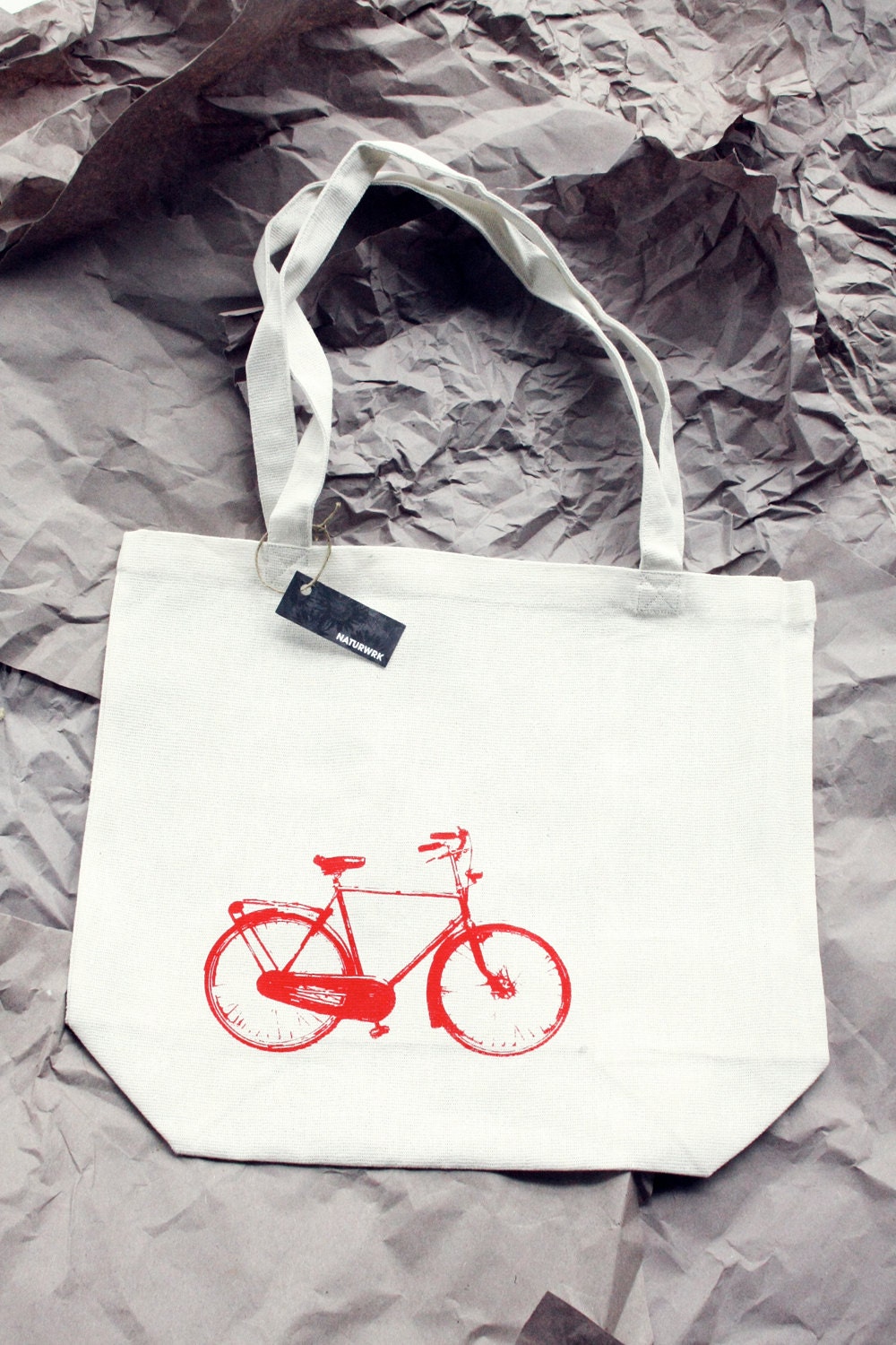 Bag - Tote - Bike Tote - Recycled Cotton - Eco-Friendly - Red Retro Bike Print - Purse - Messenger