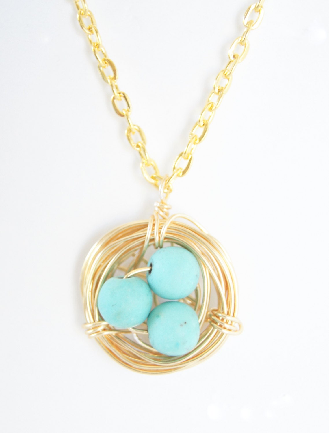 Birds Nest Necklace Gold Plated Chalk Turquoise Spring Fashion, Spring Time, Women's Fashion, Wire Wrap,
