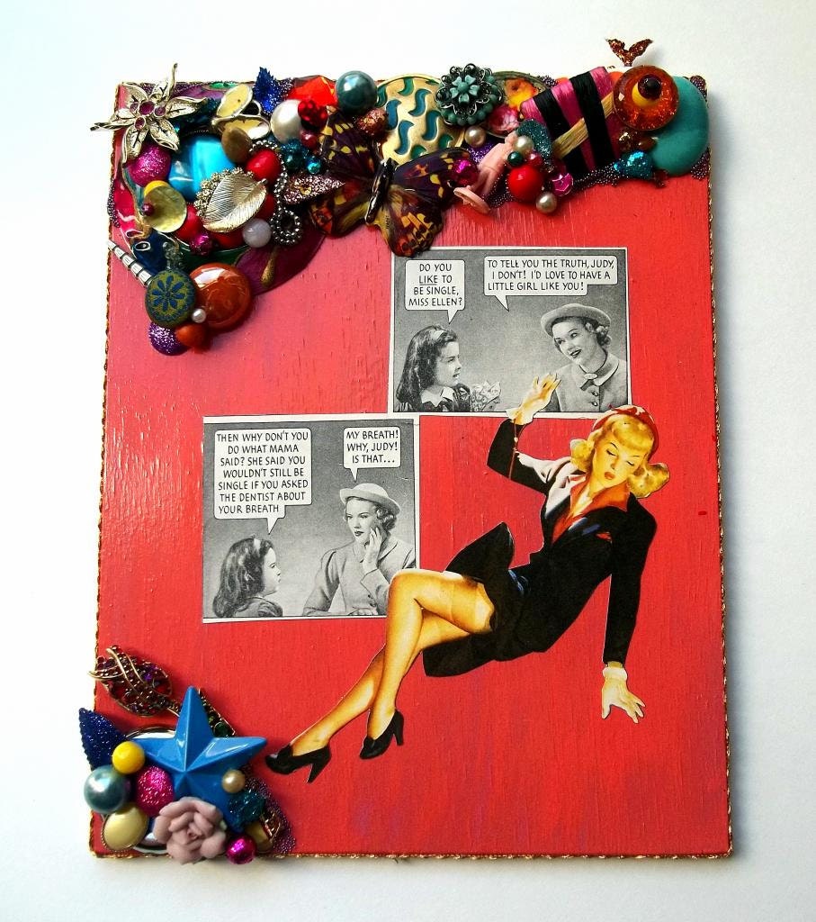 Mixed Media Assemblage Collage, Cigar Box Lid with Vintage Advertisement, Embellished  Wall Hanging
