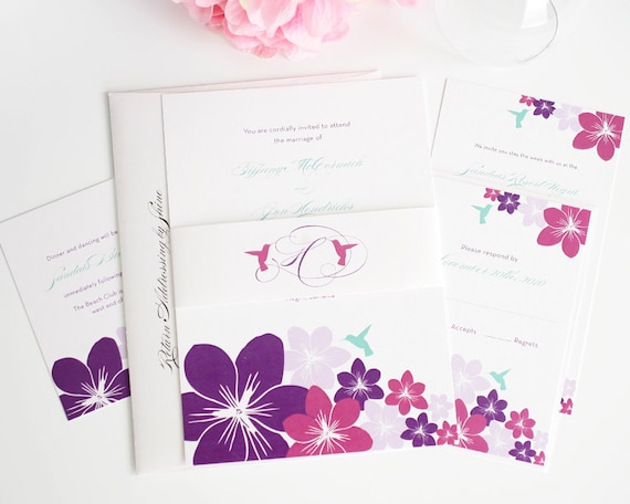 Destination Wedding Invitations - Pink, Purple, Tropical, Hummingbird, Summer Caribbean Beach Wedding - Deposit to Get Started