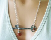 Skeleton key necklace, vintage skeleton key, bohemian jewelry, modern boho, eclectic, rustic, orange, carnelian