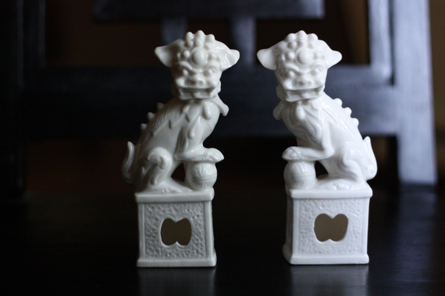 Pair of Small Ceramic Foo Dogs on Pedestals in White - 6" h